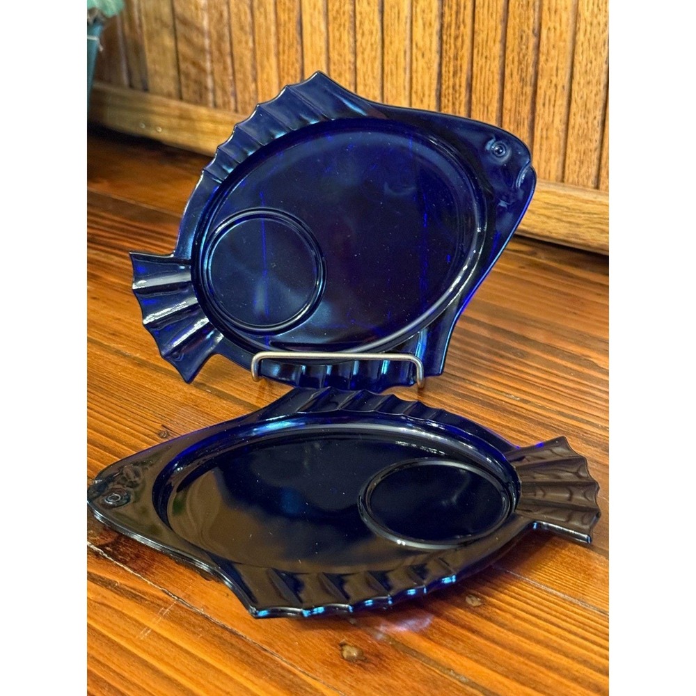 Vintage Cobalt Blue Fish Shaped Glass Snack Plates Set of 2 Coastal Decor